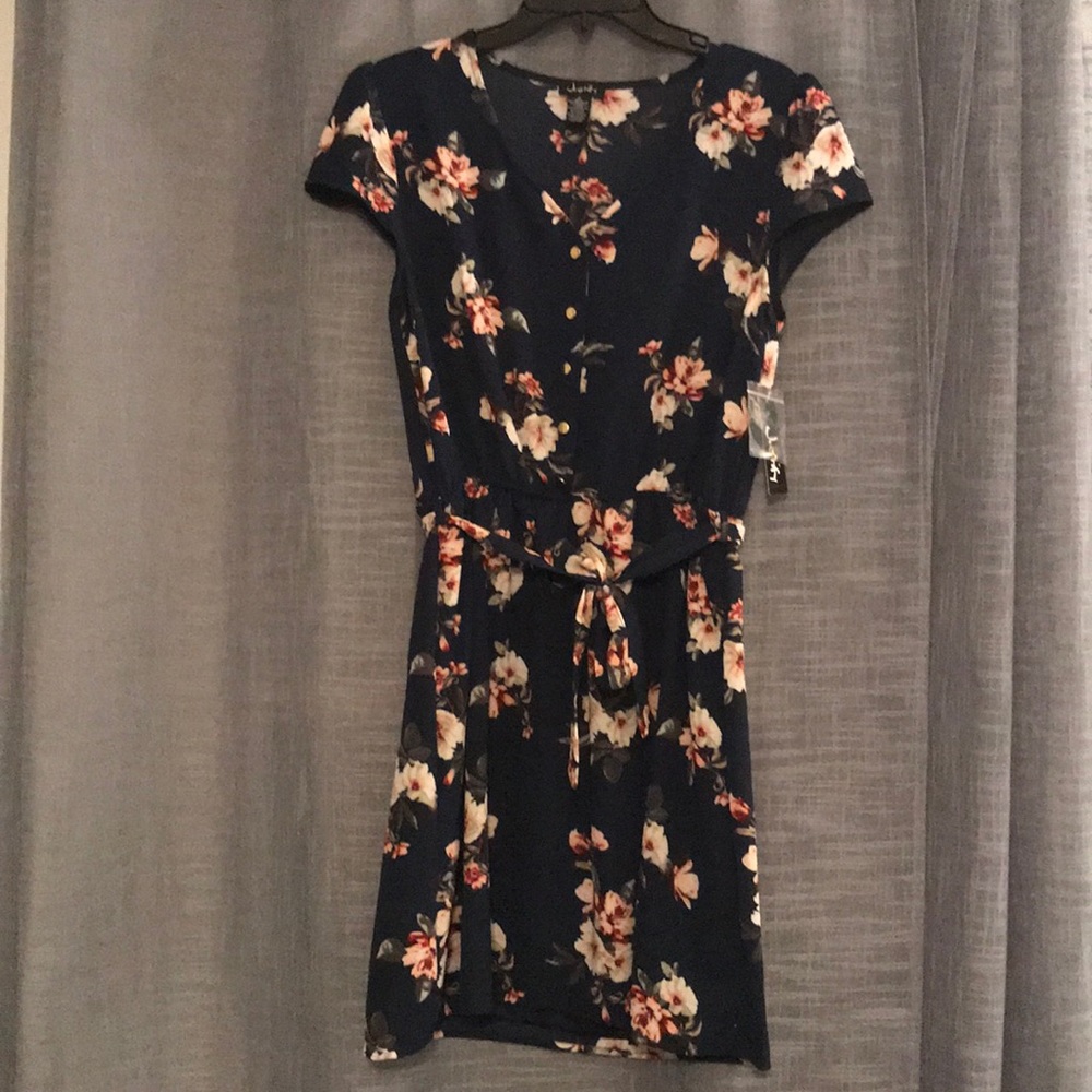 Navy, floral dress with tie